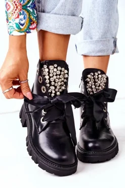 Ocieplane Workery Z Metalowymi Perełkami Czarne Perla