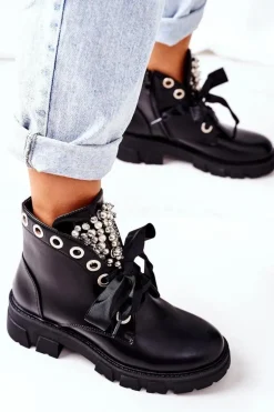 Ocieplane Workery Z Metalowymi Perełkami Czarne Perla