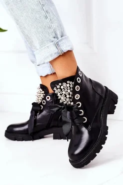 Ocieplane Workery Z Metalowymi Perełkami Czarne Perla