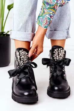 Ocieplane Workery Z Metalowymi Perełkami Czarne Perla