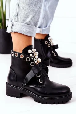 Ocieplane Workery Z Perełkami Czarne Perla