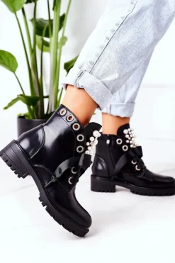 Ocieplane Workery Z Perełkami Czarne Perla