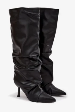 Ocieplane Wsuwane Kozaki Damskie Na Szpilce Z Marszczeniem Czarne Angelica