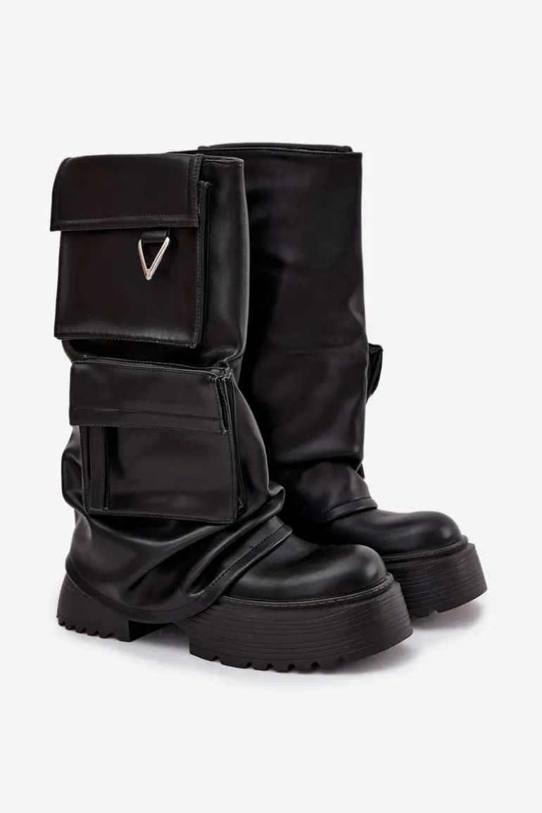 Ocieplane Wsuwane Kozaki Damskie Na Masywnej Platformie Z Kieszeniami Czarne Clarinda