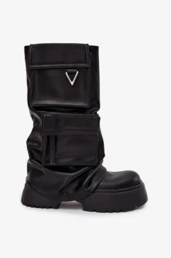 Ocieplane Wsuwane Kozaki Damskie Na Masywnej Platformie Z Kieszeniami Czarne Clarinda