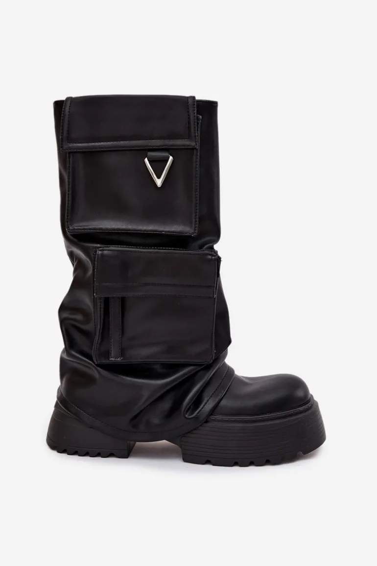 Ocieplane Wsuwane Kozaki Damskie Na Masywnej Platformie Z Kieszeniami Czarne Clarinda