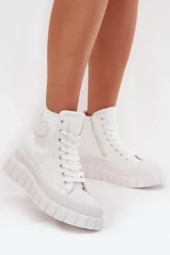 Ocieplane Wysokie Trampki Damskie Na Platformie Zamek Białe Sarira