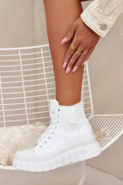 Ocieplane Wysokie Trampki Damskie Na Platformie Zamek Białe Sarira