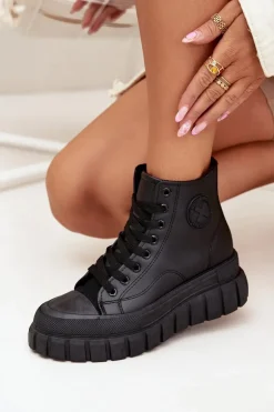 Ocieplane Wysokie Trampki Damskie Na Platformie Zamek Czarne Sarira
