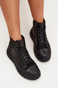 Ocieplane Wysokie Trampki Damskie Na Platformie Zamek Czarne Sarira