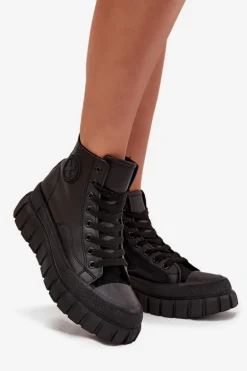 Ocieplane Wysokie Trampki Damskie Na Platformie Zamek Czarne Sarira