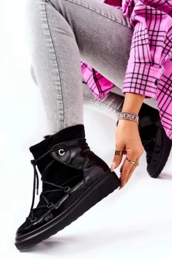 Ocieplane Zamszowe Botki Śniegowce Czarne Clarem