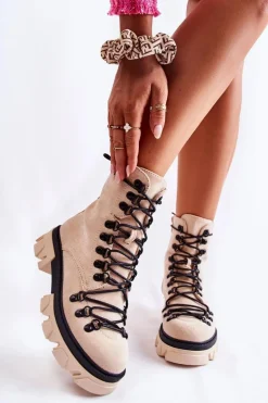 Ocieplane Zamszowe Botki Workery Wiązane Beżowe Pierro