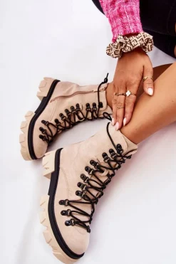 Ocieplane Zamszowe Botki Workery Wiązane Beżowe Pierro