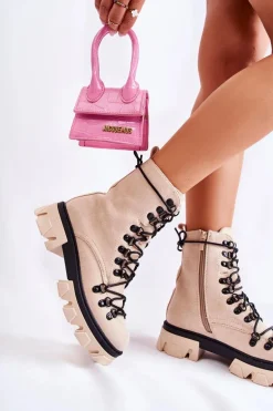 Ocieplane Zamszowe Botki Workery Wiązane Beżowe Pierro