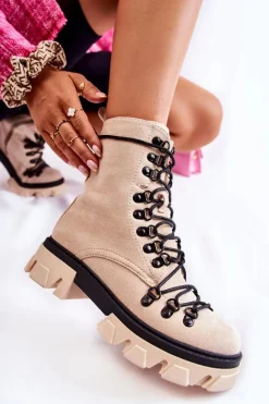 Ocieplane Zamszowe Botki Workery Wiązane Beżowe Pierro