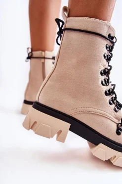 Ocieplane Zamszowe Botki Workery Wiązane Beżowe Pierro