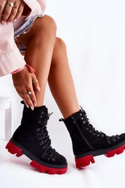 Ocieplane Zamszowe Botki Workery Wiązane Czarno-Czerwone Pierro