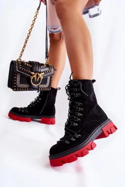 Ocieplane Zamszowe Botki Workery Wiązane Czarno-Czerwone Pierro