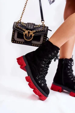 Ocieplane Zamszowe Botki Workery Wiązane Czarno-Czerwone Pierro