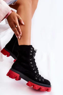 Ocieplane Zamszowe Botki Workery Wiązane Czarno-Czerwone Pierro