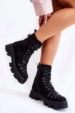 Ocieplane Zamszowe Botki Workery Wiązane Czarne Pierro