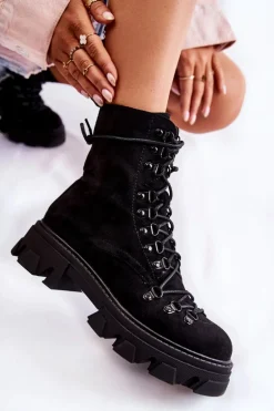 Ocieplane Zamszowe Botki Workery Wiązane Czarne Pierro