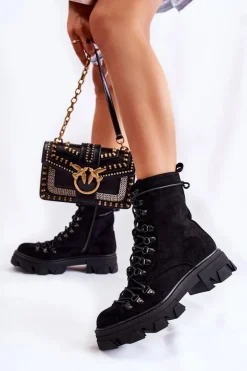 Ocieplane Zamszowe Botki Workery Wiązane Czarne Pierro