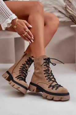 Ocieplane Zamszowe Botki Workery Wiązane Brązowe Pierro