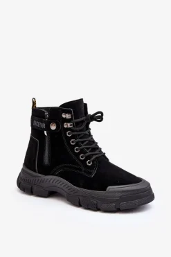 Ocieplane Zamszowe Damskie Botki Trapery Czarne Jailina