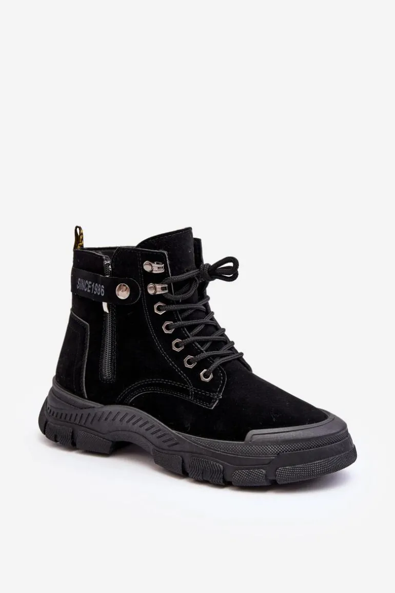Ocieplane Zamszowe Damskie Botki Trapery Czarne Jailina