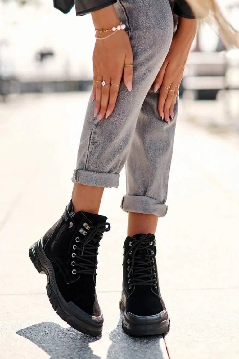 Ocieplane Zamszowe Damskie Botki Trapery Czarne Jailina