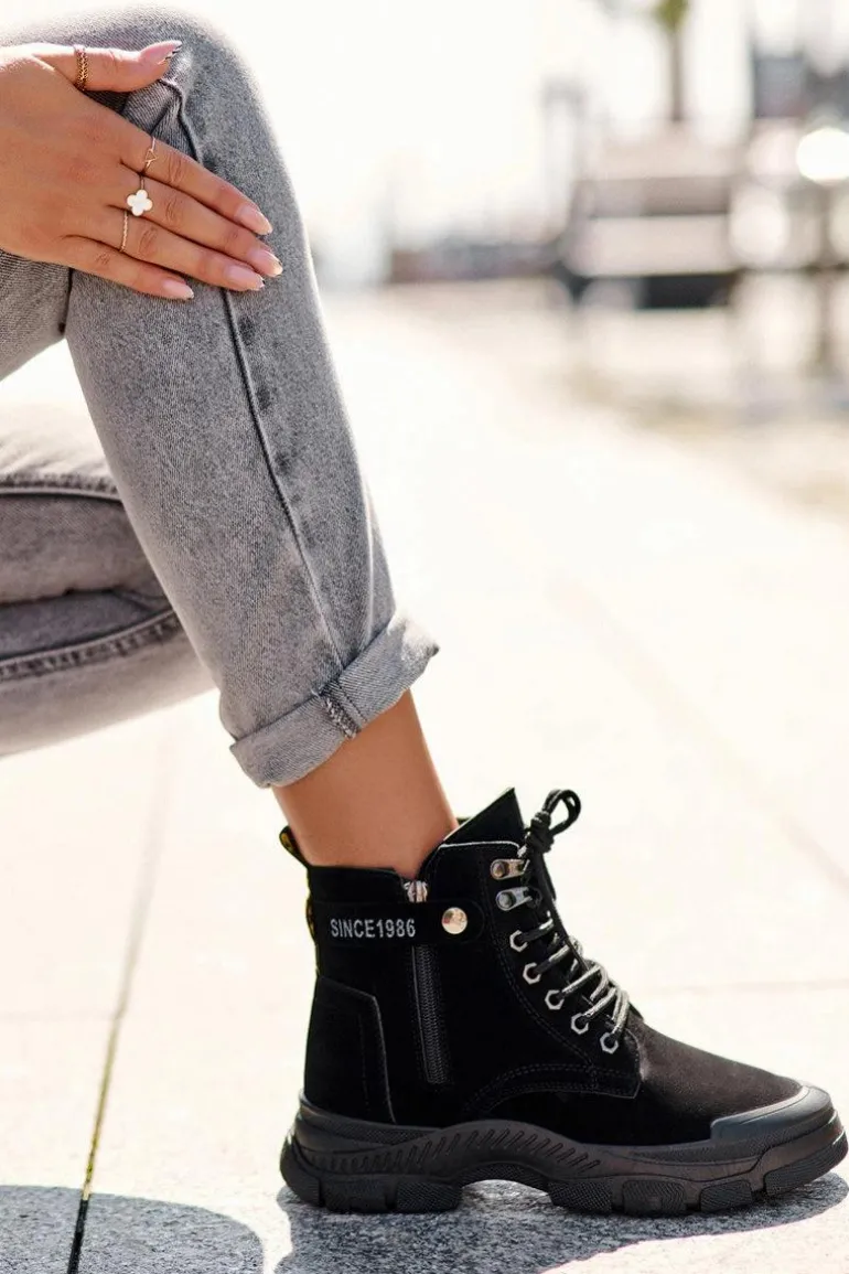 Ocieplane Zamszowe Damskie Botki Trapery Czarne Jailina