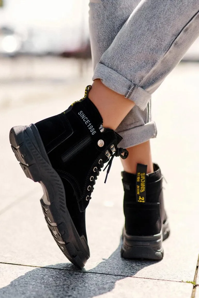 Ocieplane Zamszowe Damskie Botki Trapery Czarne Jailina