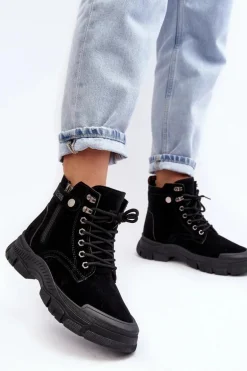 Ocieplane Zamszowe Damskie Botki Trapery Czarne Jailina
