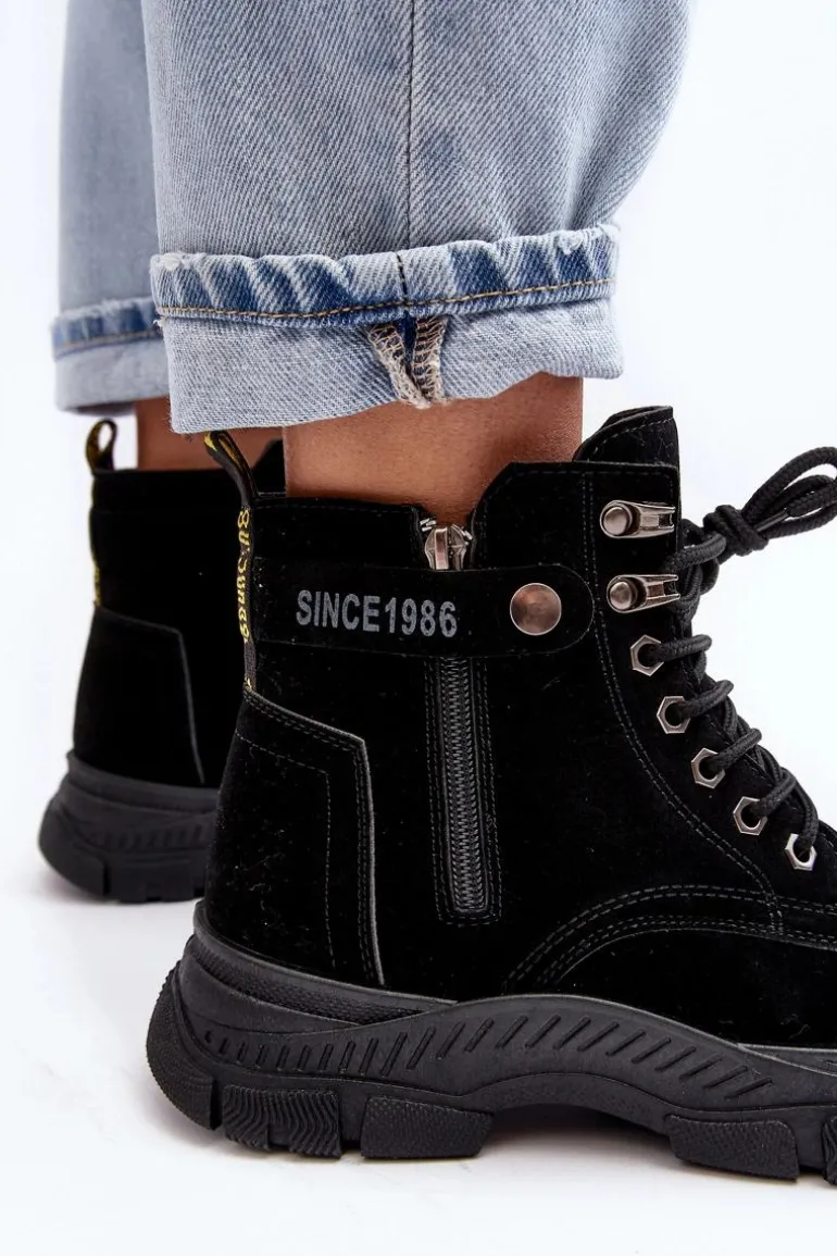 Ocieplane Zamszowe Damskie Botki Trapery Czarne Jailina