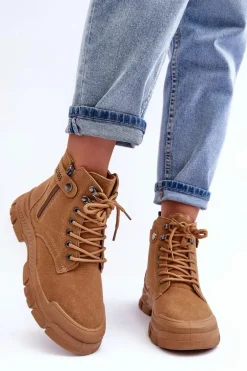 Ocieplane Zamszowe Damskie Botki Trapery Camel Jailina