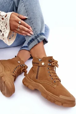 Ocieplane Zamszowe Damskie Botki Trapery Camel Jailina