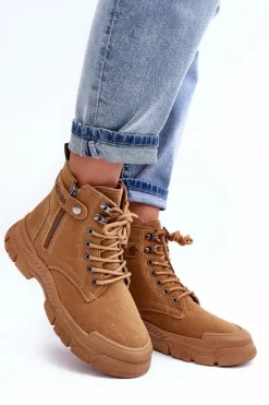 Ocieplane Zamszowe Damskie Botki Trapery Camel Jailina