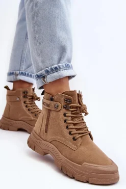 Ocieplane Zamszowe Damskie Botki Trapery Beżowe Jailina