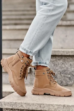 Ocieplane Zamszowe Damskie Botki Trapery Beżowe Jailina