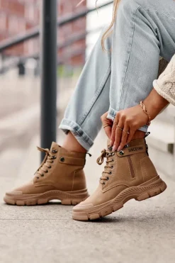 Ocieplane Zamszowe Damskie Botki Trapery Beżowe Jailina