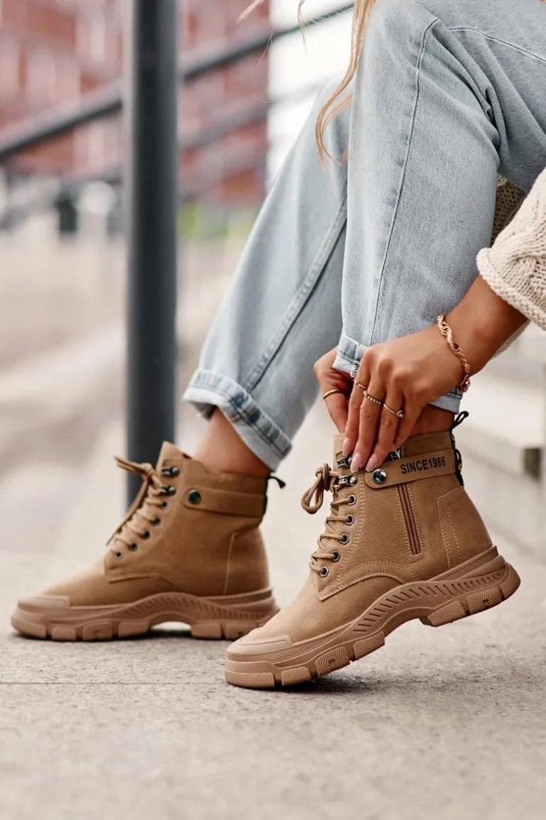 Ocieplane Zamszowe Damskie Botki Trapery Beżowe Jailina