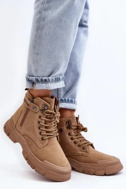 Ocieplane Zamszowe Damskie Botki Trapery Beżowe Jailina