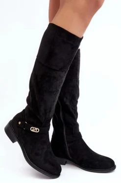Ocieplane Zamszowe Kozaki Na Płaskim Obcasie S.Barski HY07-31 Czarne