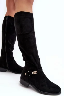 Ocieplane Zamszowe Kozaki Na Płaskim Obcasie S.Barski HY07-31 Czarne