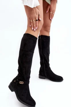 Ocieplane Zamszowe Kozaki Na Płaskim Obcasie S.Barski HY07-31 Czarne