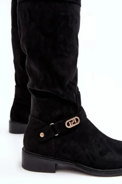 Ocieplane Zamszowe Kozaki Na Płaskim Obcasie S.Barski HY07-31 Czarne