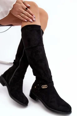 Ocieplane Zamszowe Kozaki Na Płaskim Obcasie S.Barski HY07-31 Czarne