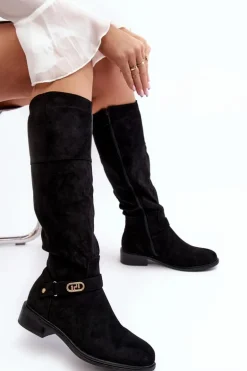 Ocieplane Zamszowe Kozaki Na Płaskim Obcasie S.Barski HY07-31 Czarne